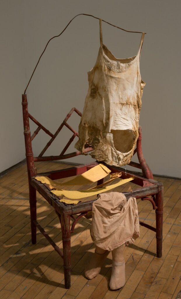 The Daughter, by Eleni Giannopoulou, 2018, wood, ceramic, nylon, wire, cotton fabric