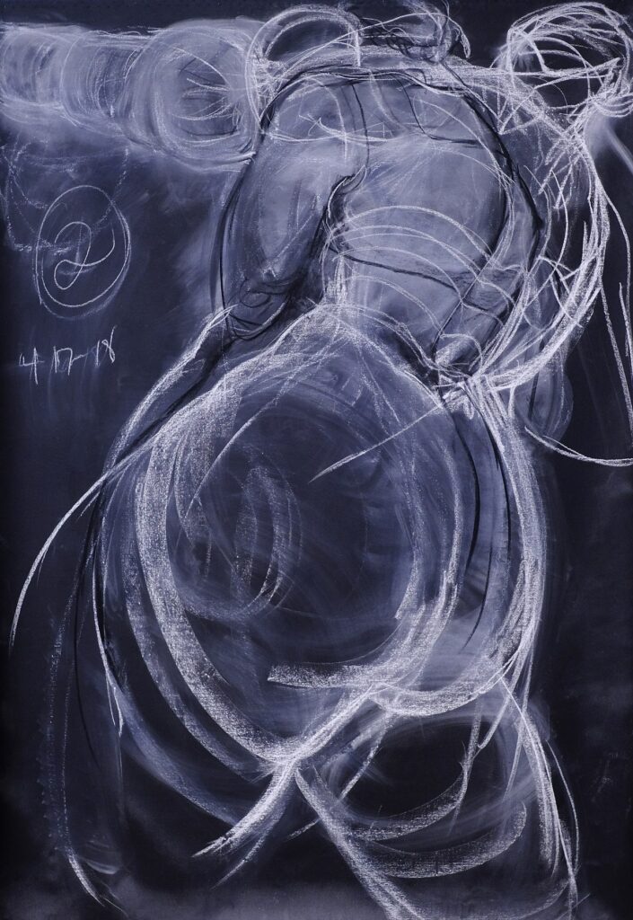 Follow Through, by Robyn Gibson, 2018, charcoal and white pastel on canvas