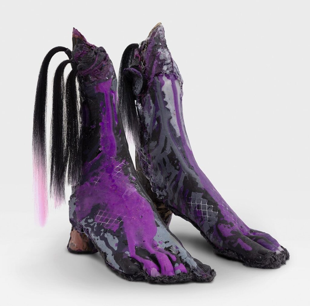 Purple Rain, by Nava Gidanian-Kagan, 2020, resin, pigment, epoxy, wood, oil, glitter, wool, and hair extension