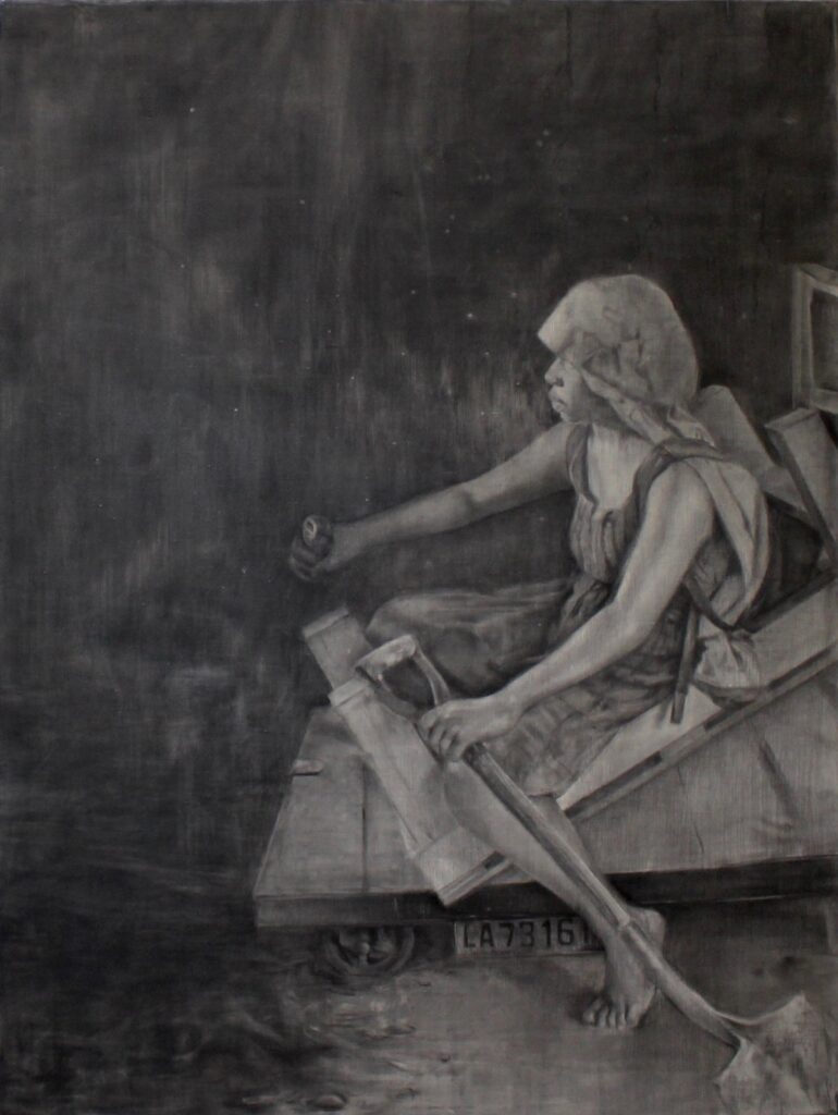 La Chasse – Galerie, by Valerie Gilbert, 2017, Charcoal on linen