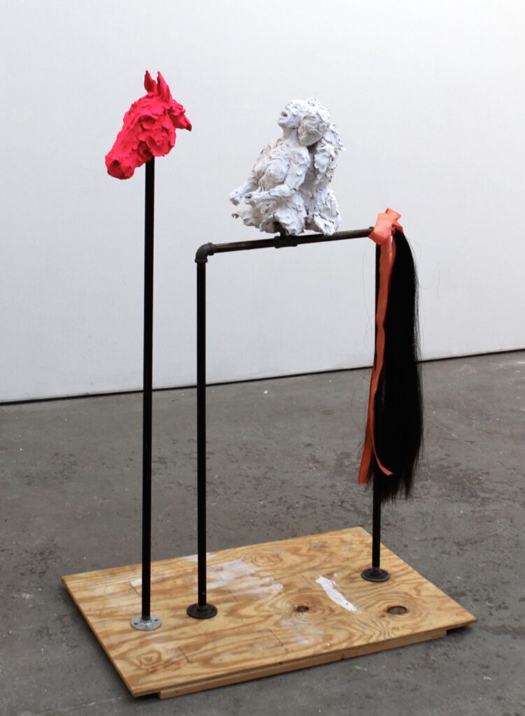 The Riders, by Christina Giuffrida, 2018, steel, wood, gouache, casein, horse hair, and silk