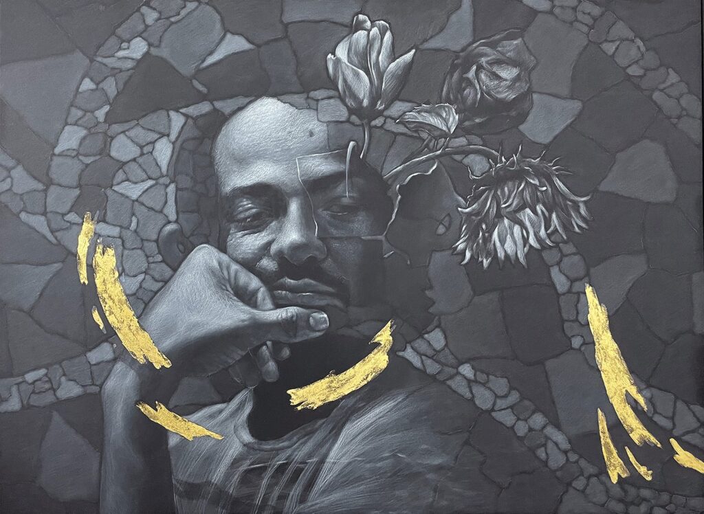 Kintsugi I, by Djilas Gomez, 2021, pencil and gold leaf on paper