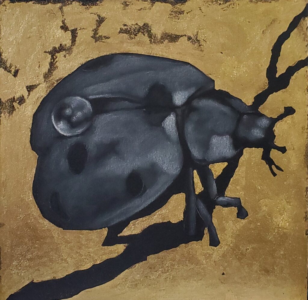 The Lady, by Djilas Gomez, 2020, pencil and 18 karat gold leaf on cardboard