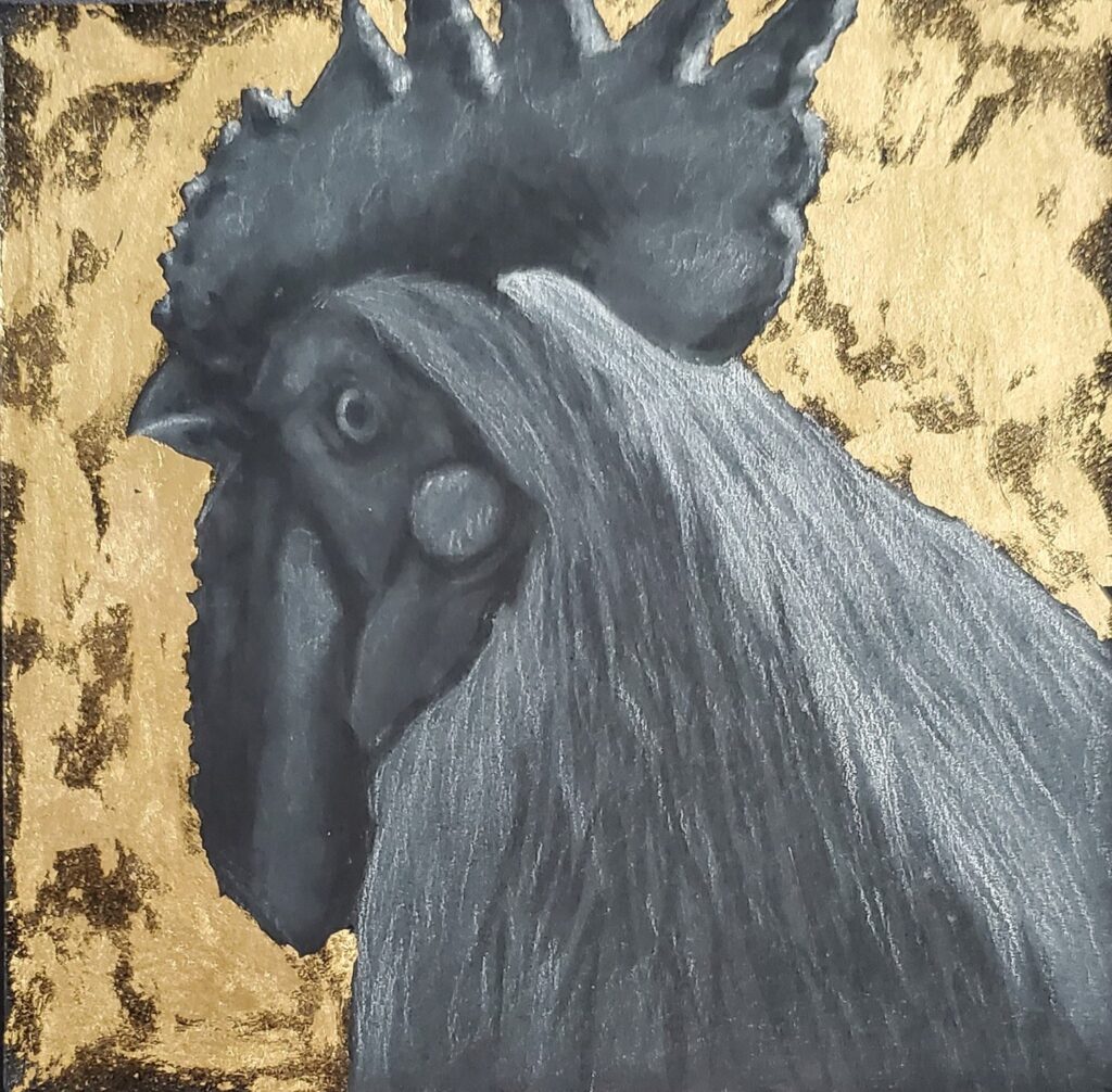 The Pride, by Djilas Gomez, 2020, pencil and 18 karat gold leaf on cardboard