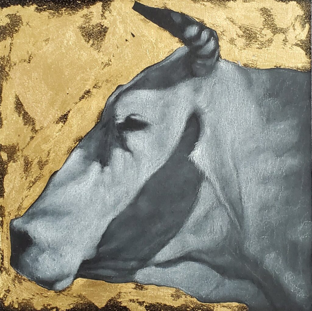 The Work, by Djilas Gomez, 2020, pencil and 18 karat gold leaf on cardboard