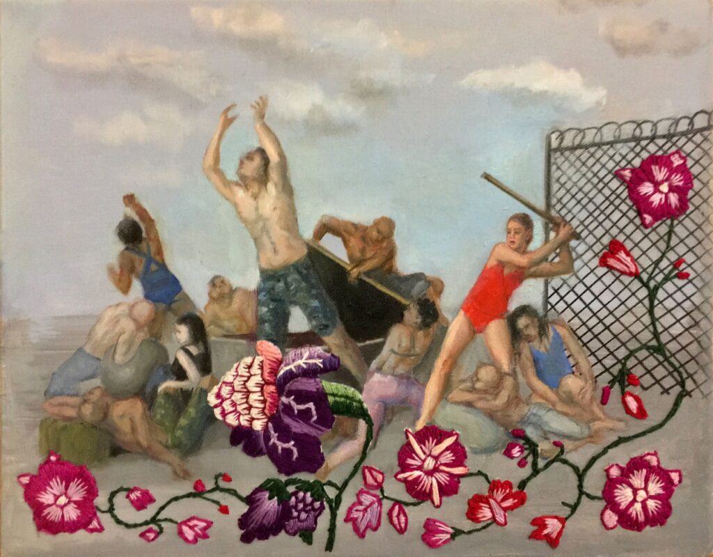 Resist, by Kristy Gordon, 2018, oil and embroidery on canvas