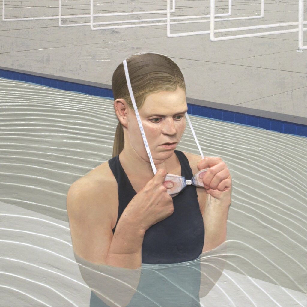 Swimmer with Goggles, by Kathryn Goshorn, 2016, Acrylic, oil, interior latex paint, cement, and resin on birch plywood