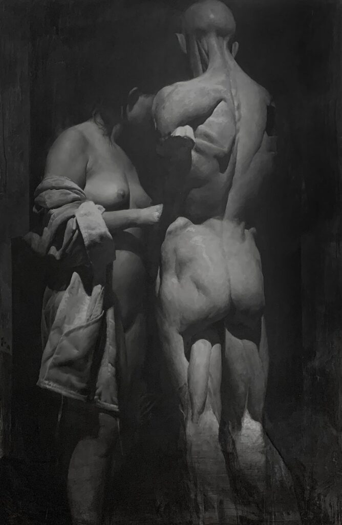 A Kept Man, by Michael Grimaldi, 2023, oil, enamel, carbon, and wax on panel