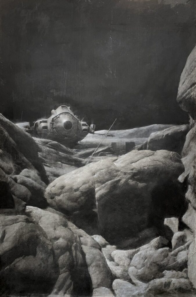 Derelict, by Michael Grimaldi, 2020, charcoal, chalk, acrylic, enamel, and encaustic on panel