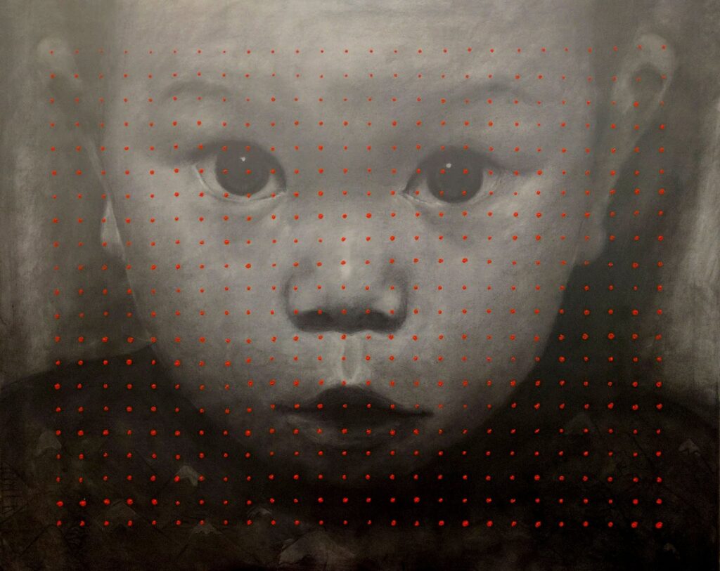 First 500 Days, by RJ Gualberto, 2017, Charcoal, acrylic, and plastic film on canvas