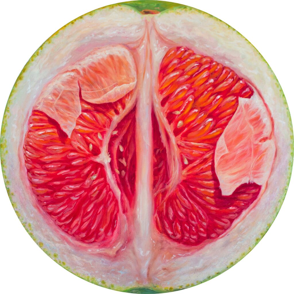 Fruit Portrait 64, by Alonsa Guevara, 2017, oil on canvas, 16 inches diameter, Copyright: Alonsa Guevara, Courtesy: Anna Zorina Galler