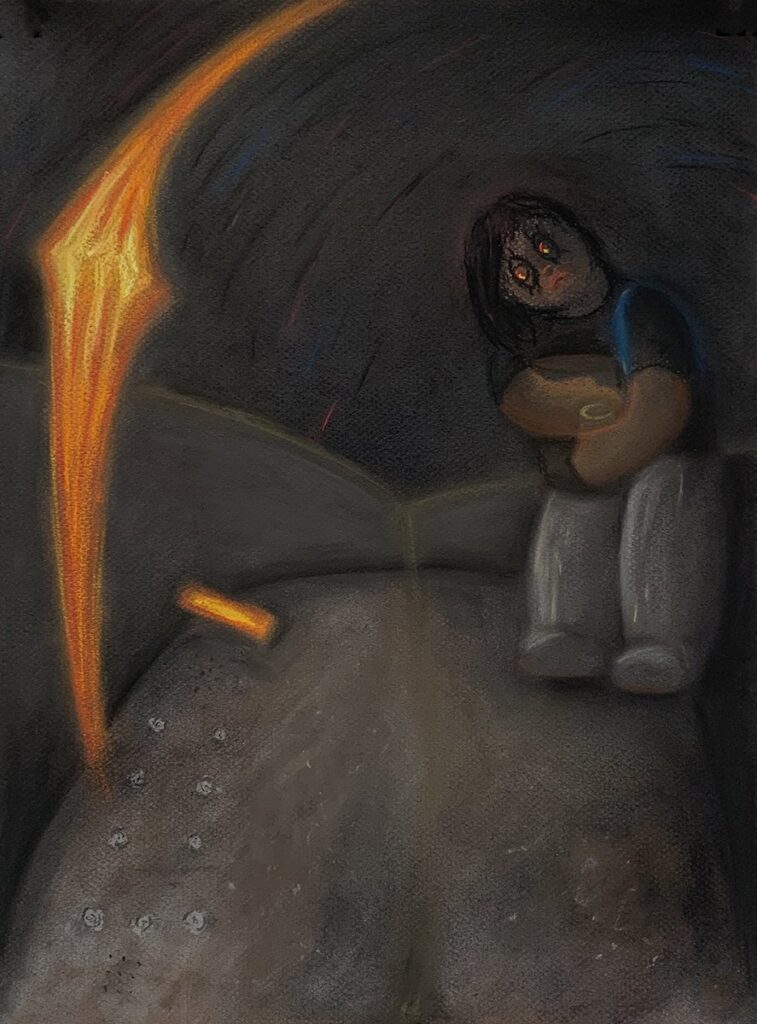 Um…Excuse Me…I Got Stuck in the Elevator, by Ling Gui, 2021, pastel on paper