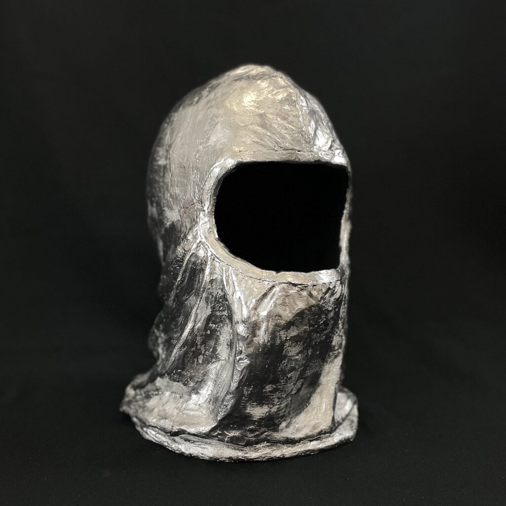 Void Face, by Ling Gui, 2023, clay, Flashe, and mirror paint