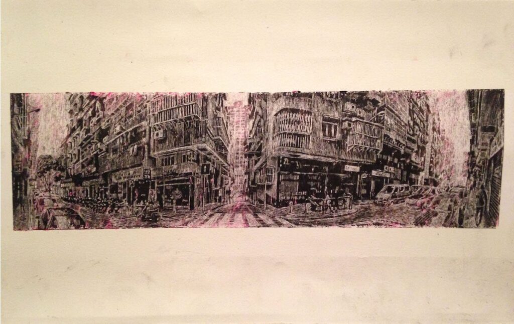 Macau Street View, by Guno Park, 2013, oil pastel on paper