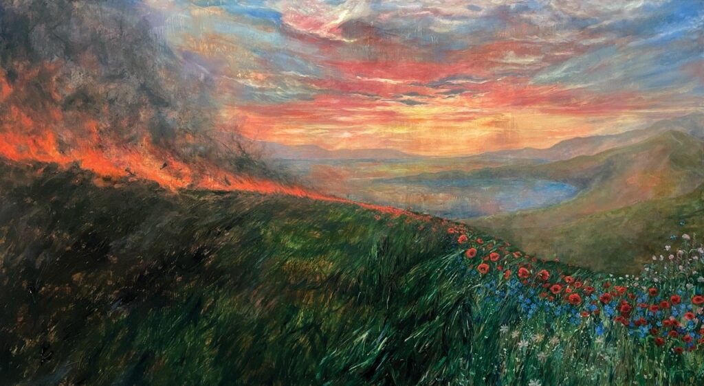 Ashura, by Fatema Halvadwala, 2023, oil and dried flowers on canvas