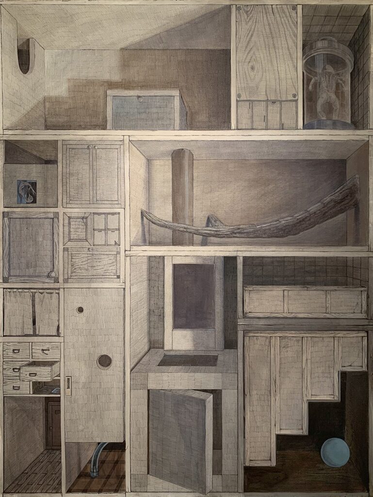 Untitled, by Sally Han, 2019, ink, watercolor, and acrylic on paper mounted on canvas