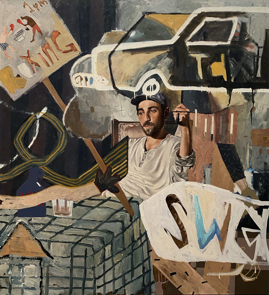Whiskey and a Banana Walk Into a Bar, by Austin Harris, 2019, oil and spray paint on linen