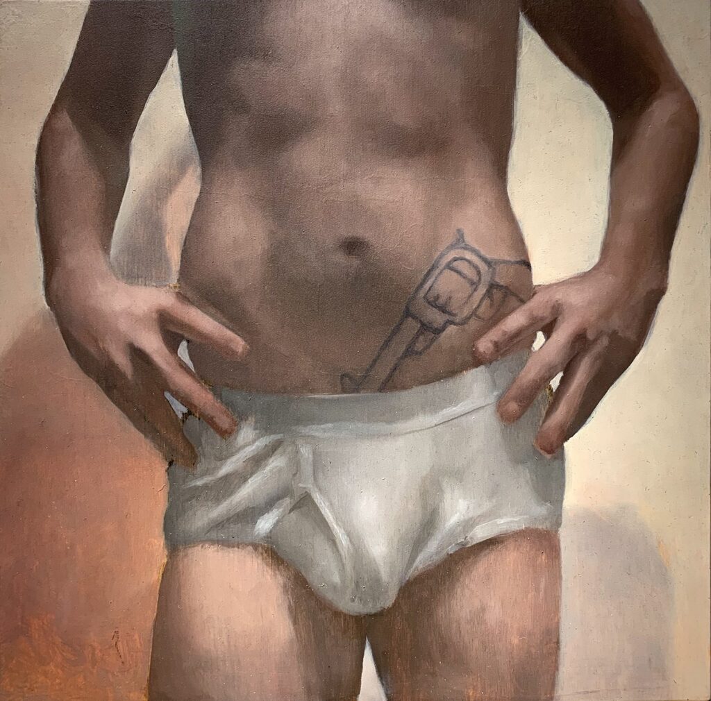 Packing, by Austin Harvey, 2019, oil on panel