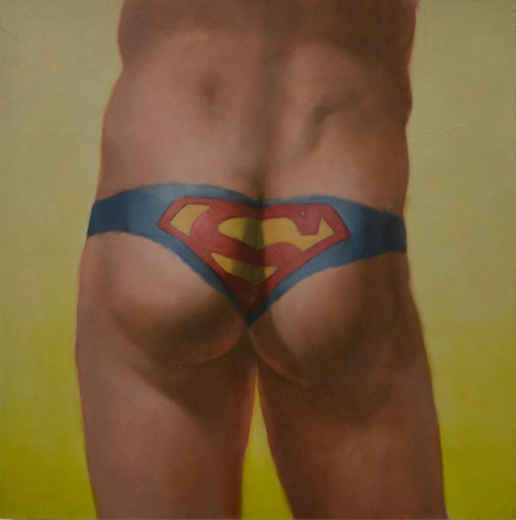Super Tush, by Austin Harvey, 2019, oil on paper mounted on panel