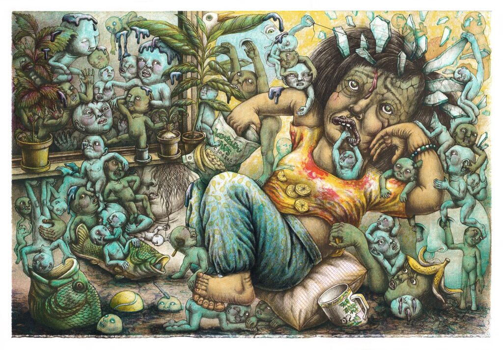 Sloth with Fish Sandals, by Rie Hasegawa, 2022, lithograph