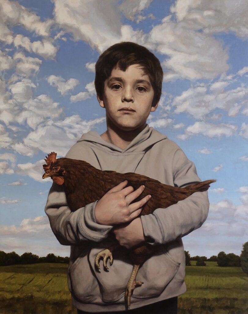 Vanden and the Chicken, by Jacob Hayes, 2022, oil on wood