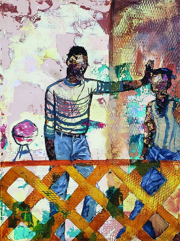 Discourse, by Kirk Henriques, 2020, oil, oil paint chips, and house paint on wood panel