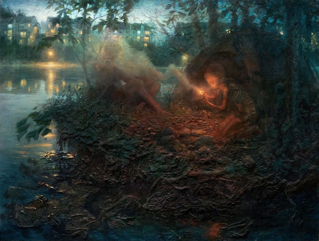 The Island, by Jackson Hill, 2023, oil, acrylic, plastic bags, organic detritus, cardboard, glass, cigarette butts