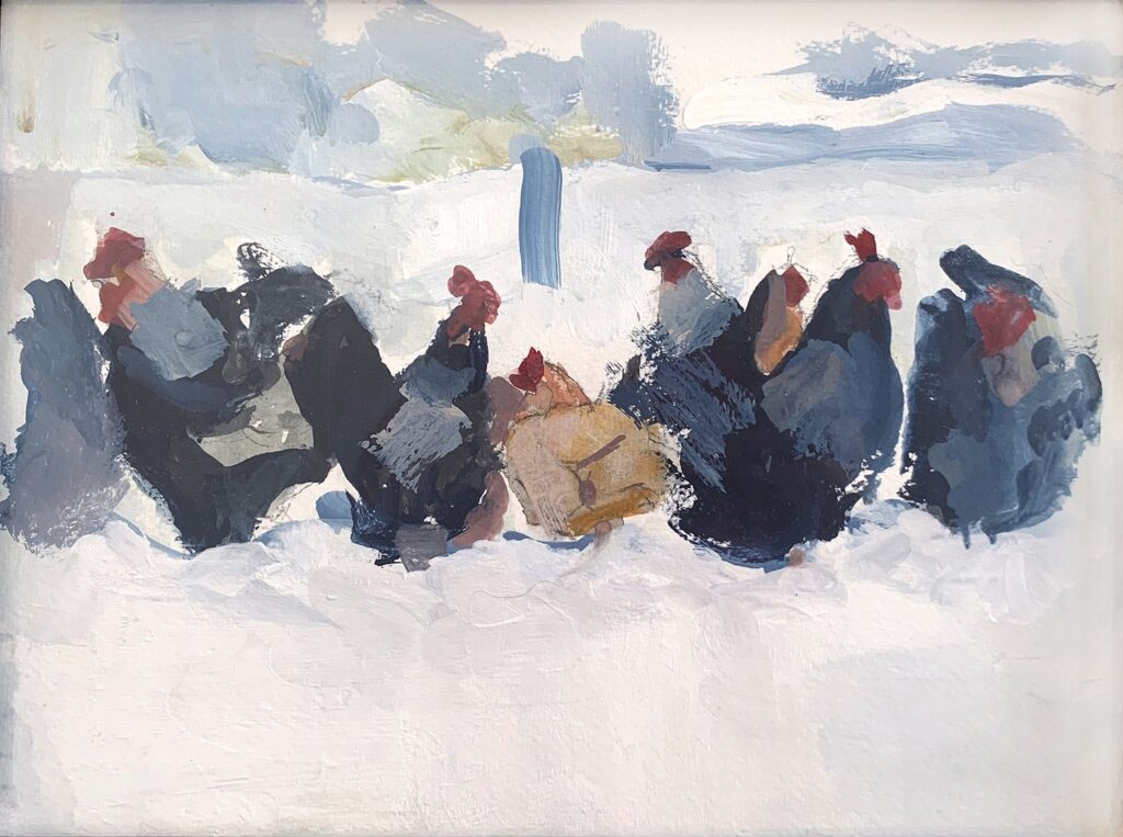 Hens and Roosters, by Emily Rose Hirtle, 2021, watercolor and gouache on paper