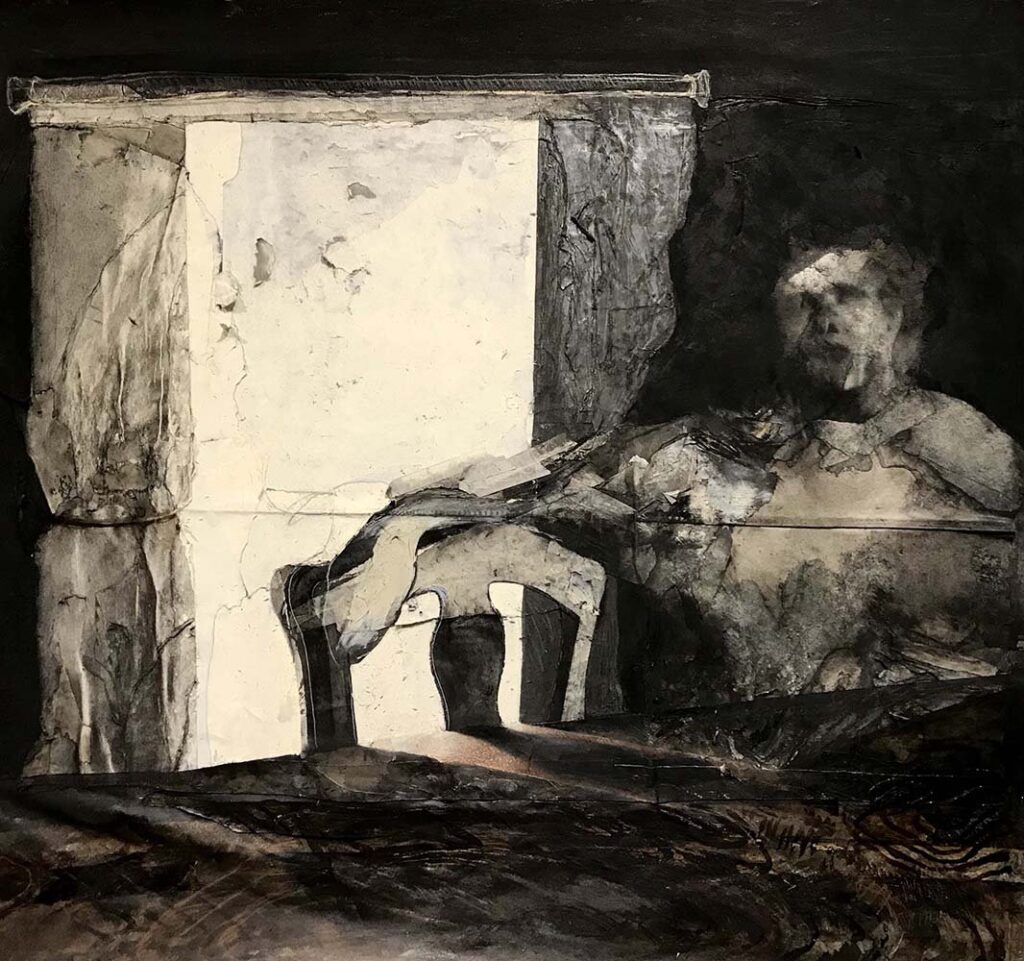 What Remains, by Alessandra Hogan, 2021, graphite, charcoal, walnut ink, and pastel on paper mounted on canvas