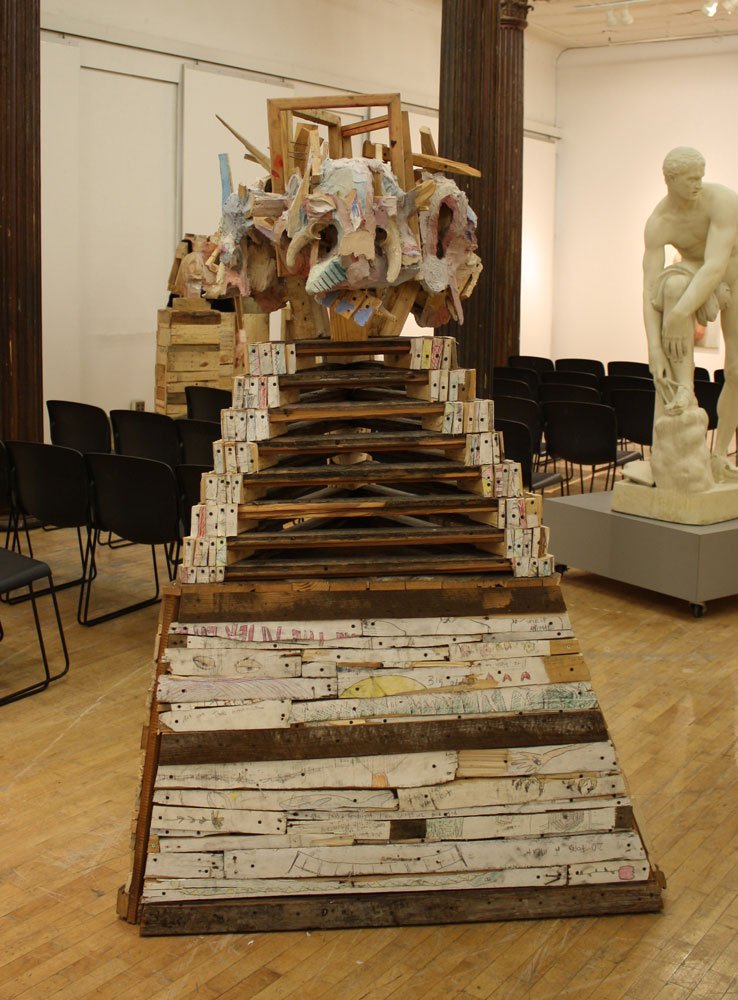 Graces, by Nicolas Holiber, 2013, Wood, nails, screws, aluminum foil, polymer gypsum, fiberglass, graphite, colored pencil