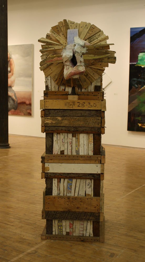 Preacher Man, by Nicolas Holiber, 2013, Wood, nails, screws, aluminum foil, polymer gypsum, fiberglass, graphite, colored pencil