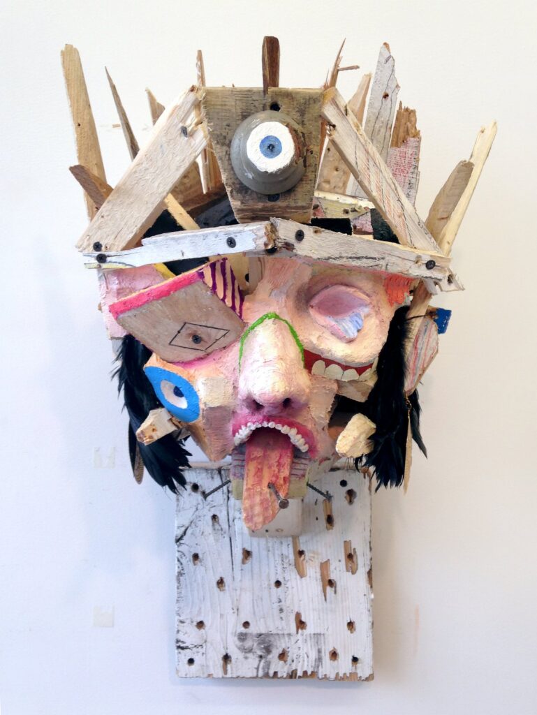 Captain, by Nicolas Holiber, 2014, Wood, nails, screws, expandable foam, polymer gypsum, fiberglass, sickle, rooster feathers