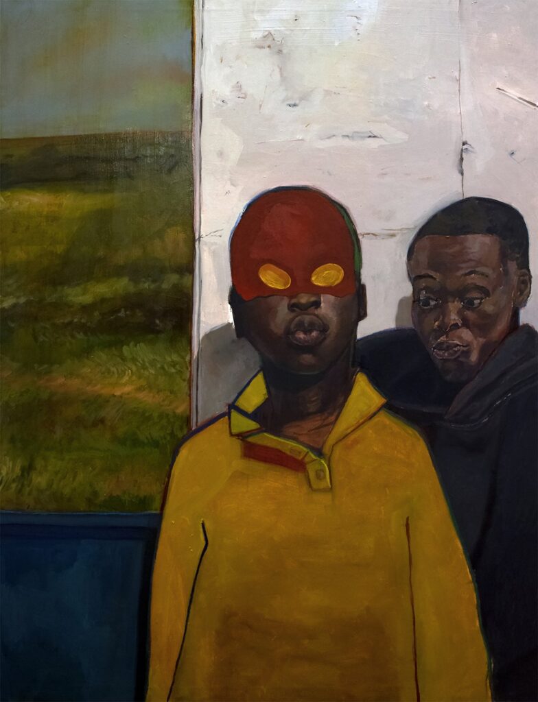 Pay Attention Please, by Kevin Hopkins, 2021, oil on stretched curtain