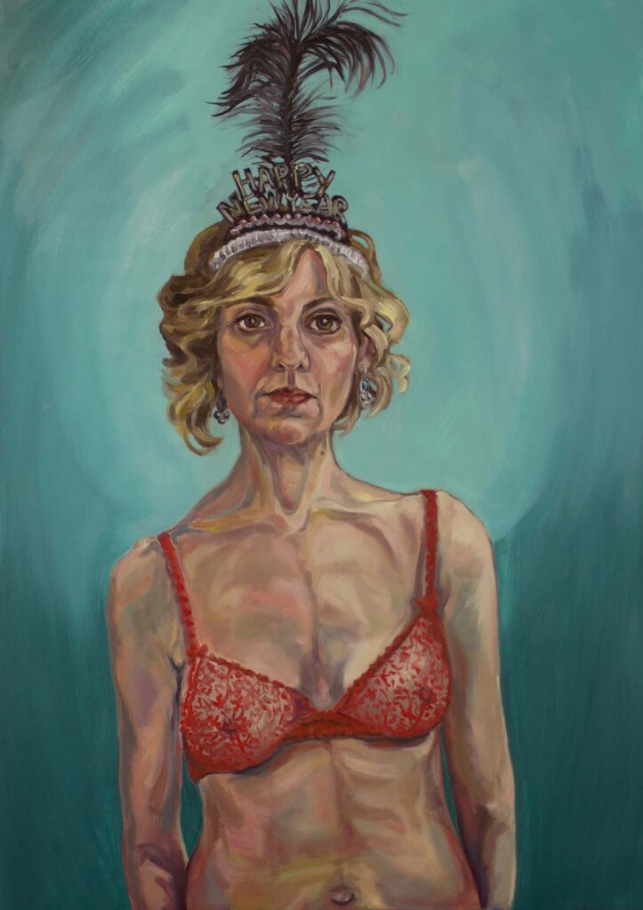 Self-Portrait as Showgirl, after Walt Kuhn, by Patty Horing, 2016, Oil on mylar mounted on plexiglass
