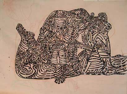 Untitled, by Sharon Horvath, 2011, ink, polymer on paper on canvas