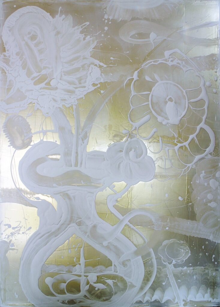 Mica Painting, by Catherine Howe, 2017, silver/gold mica pigment and acrylic mediums on canvas