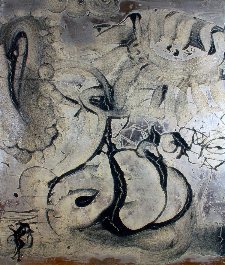 Reverse Painting, by Catherine Howe, 2015, Acrylic, interference mica pigment, intaglio ink, carborundum grit, silver leaf