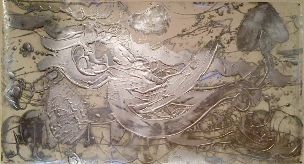 Silvered Relief Painting, by Catherine Howe, 2016, Acrylic and silver pigment on mylar