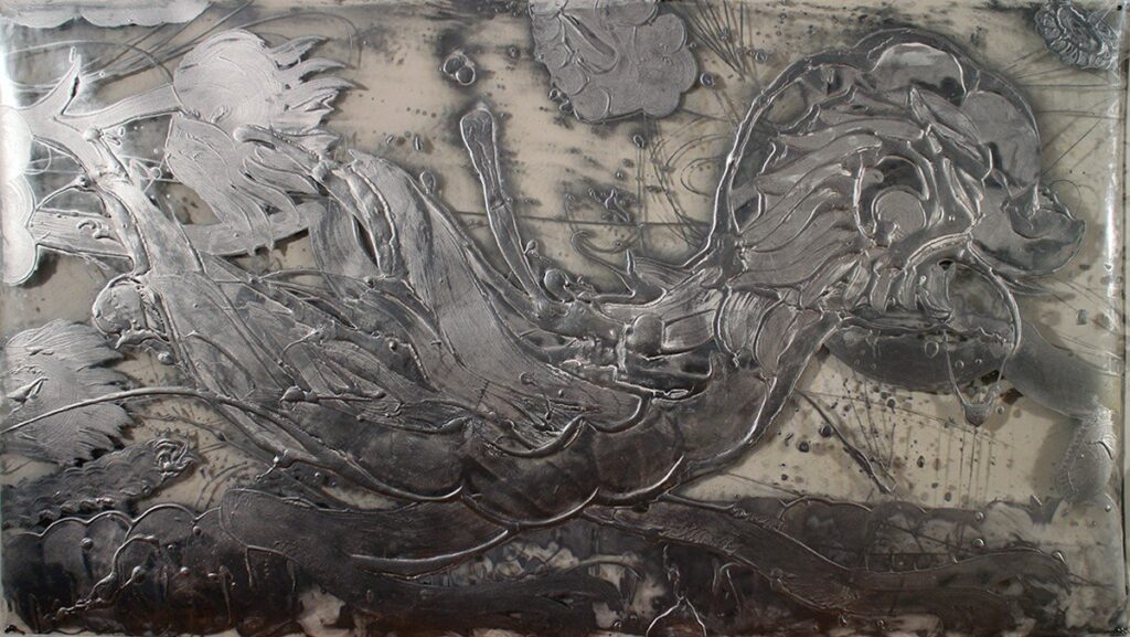 Silvered Relief Painting, by Catherine Howe, 2016, Acrylic and silver pigment on mylar