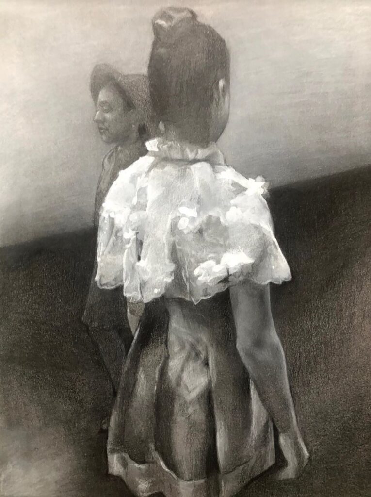 Lace Capelet, by Jane Hsi, 2020, graphite, white chalk, and gouache on paper