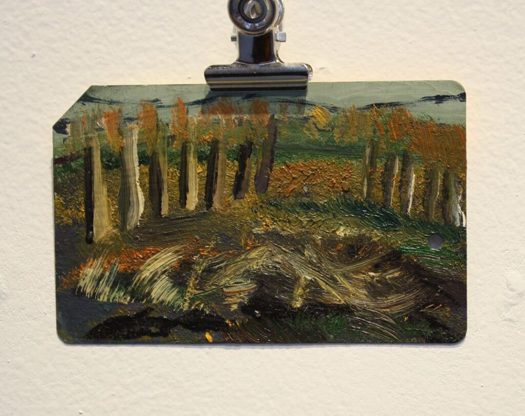 Landscape Nostalgia, by Brian Dang, 2012, Oil on metrocard