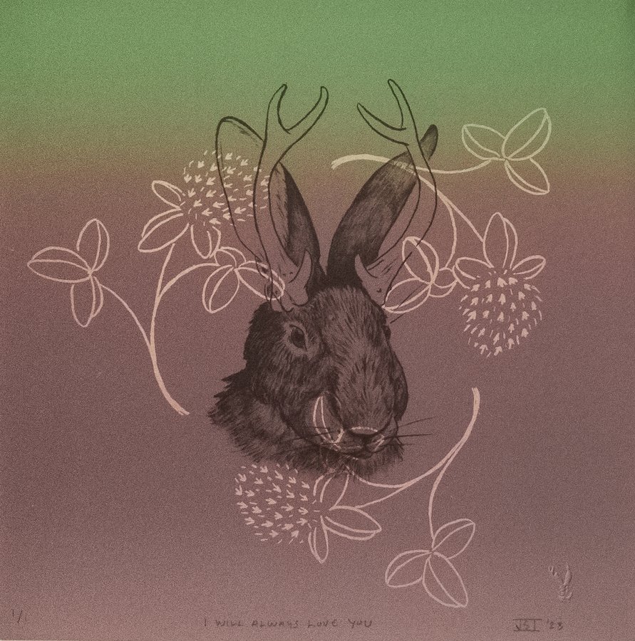 I Will Always Love you, by Jake Ingram, 2023, lithograph monoprint with dusting on paper