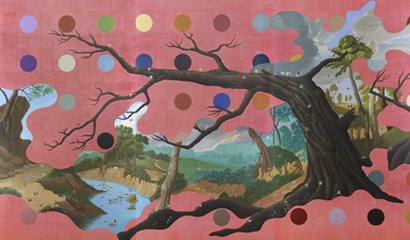 Butterfly, by Tat Ito, 2011, Acrylic, goucahe, glitter, and colored silver lead on canvas