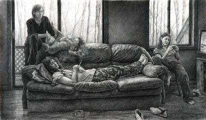 Adam Bomb, Claire Darian and Blaze, by Edgar Jerrins, 2004, Charcoal on paper