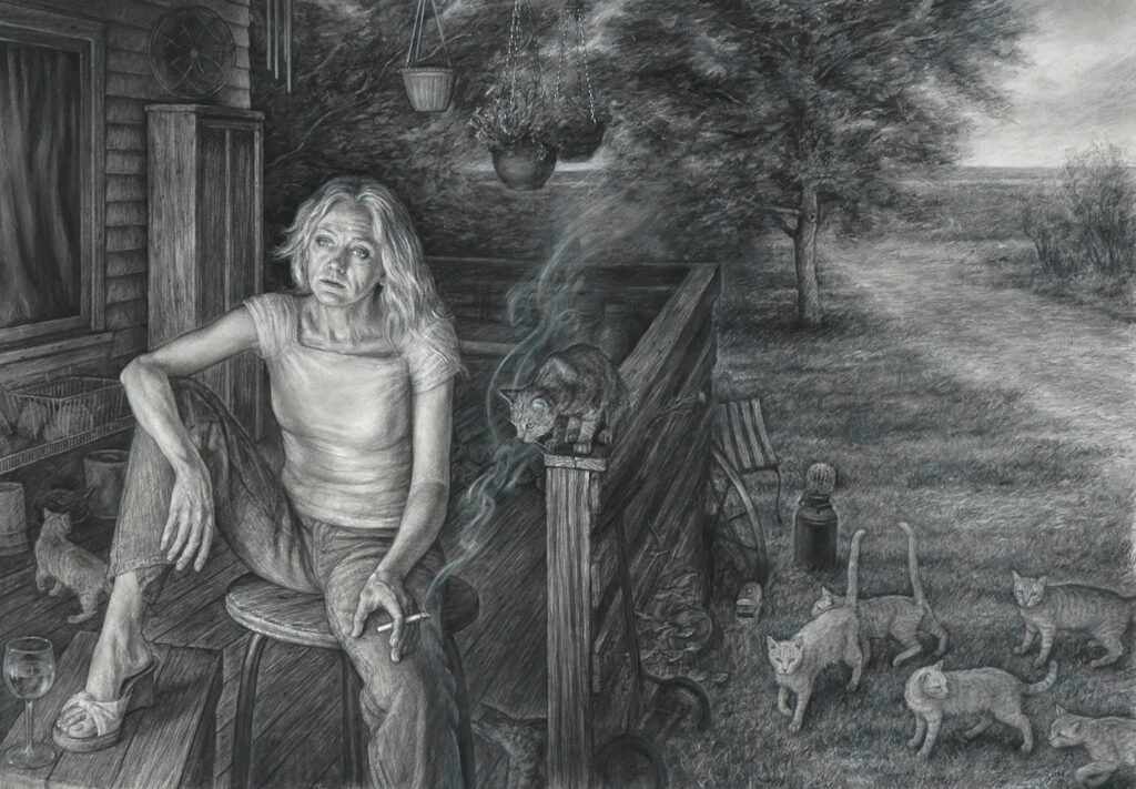 Anita and the Feral Cats, by Edgar Jerins, 2023, charcoal on paper mounted to foam core