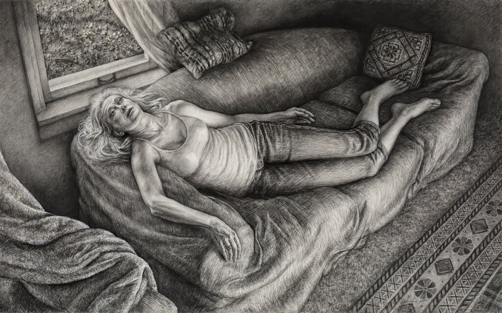 Anita's Afternoon, by Edgar Jerins, 2021, charcoal on paper
