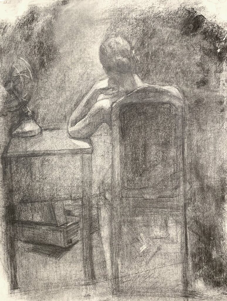 Seated Figure Study, by Ellen Jones, 2020, graphite and charcoal on paper