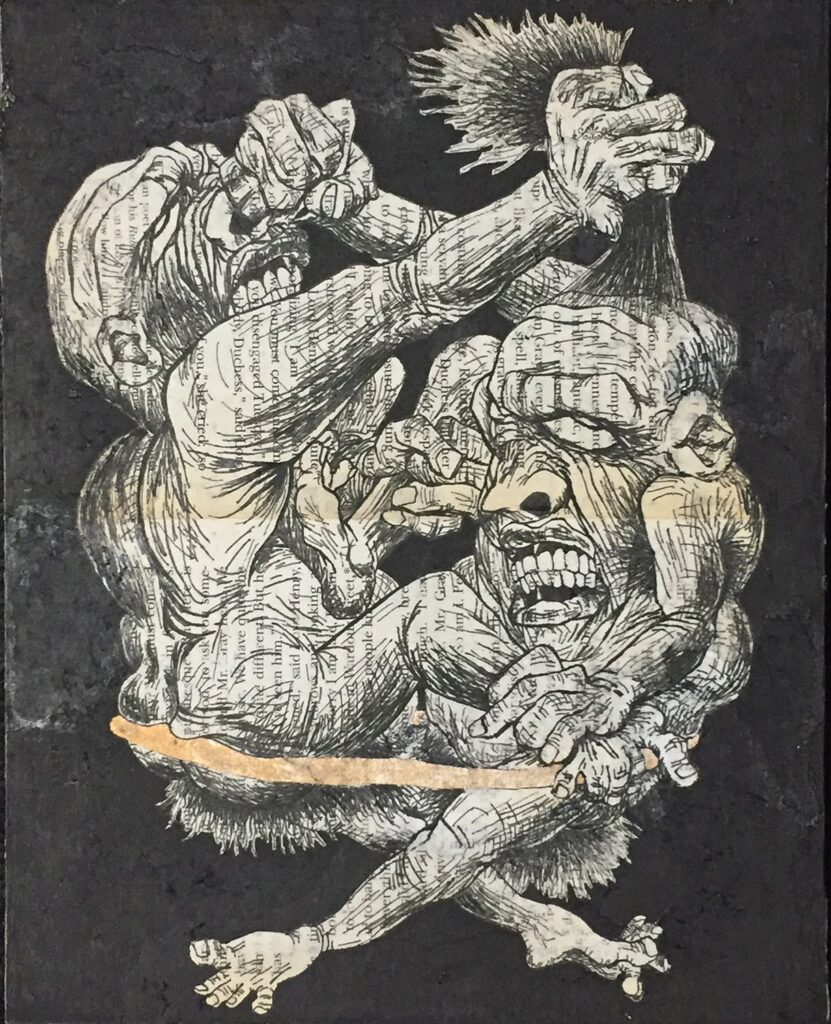Book 2: #19, by Leo Kang, 2020, gold, and bronze gel pen on book page mounted to panel