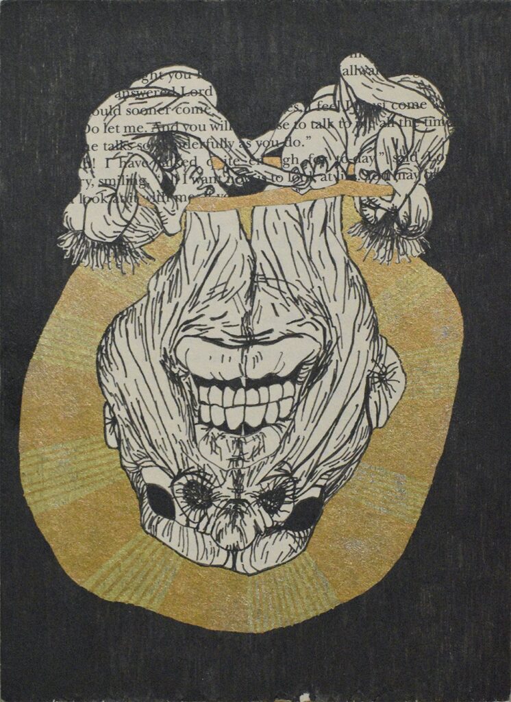 Book 2: #20, by Leo Kang, 2020, gold, and bronze gel pen on book page mounted to panel