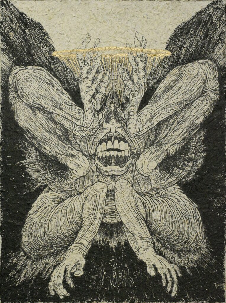 Book 2: #27, by Leo Kang, 2020, gold, and bronze gel pen on book page mounted to panel